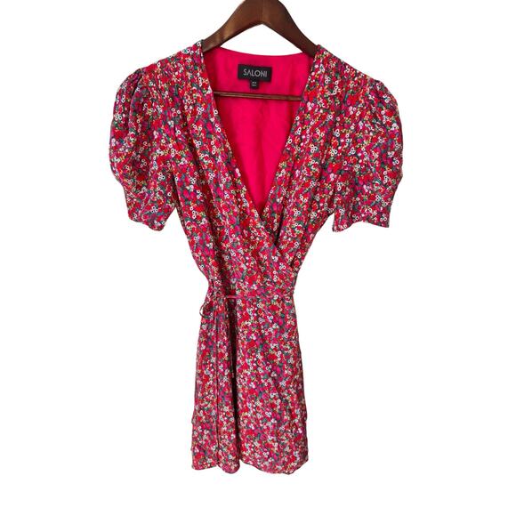 SALONI Lea Wrap Dress Red Pink Poppyfield Silk Size 6 EUC Maximalist Floral Mini - Picture 4 of 15